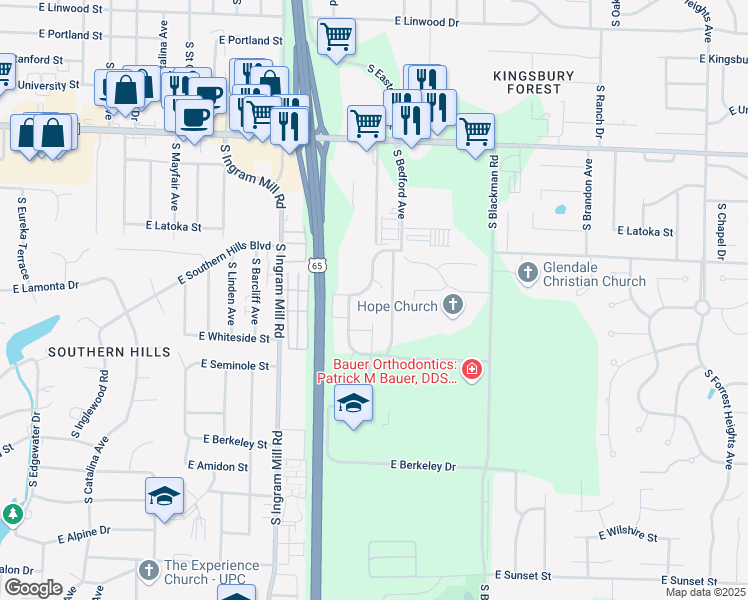 map of restaurants, bars, coffee shops, grocery stores, and more near 3540 East Cherokee Street in Springfield