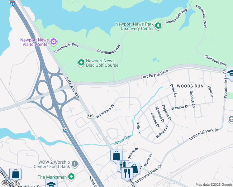 map of restaurants, bars, coffee shops, grocery stores, and more near 901 Birchwood Court in Newport News