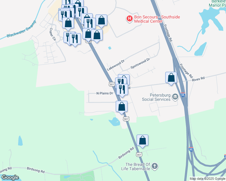 map of restaurants, bars, coffee shops, grocery stores, and more near 100 North Plains Drive in Petersburg