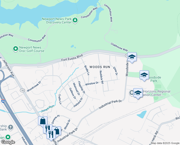 map of restaurants, bars, coffee shops, grocery stores, and more near 114 Bridle Lane in Newport News