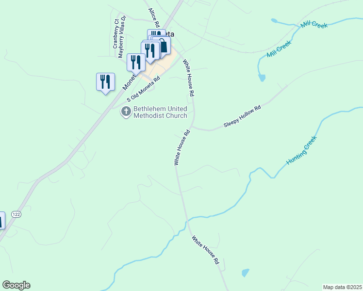map of restaurants, bars, coffee shops, grocery stores, and more near 1460 White House Road in Moneta