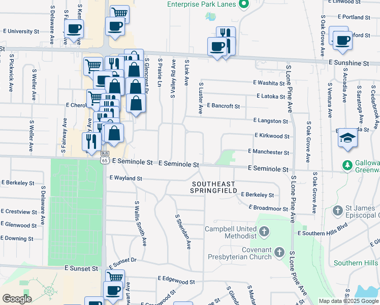 map of restaurants, bars, coffee shops, grocery stores, and more near 2162 South Link Avenue in Springfield