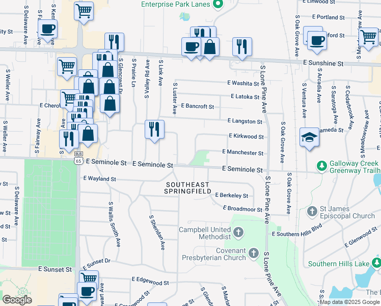map of restaurants, bars, coffee shops, grocery stores, and more near 2141 South Glendale Avenue in Springfield