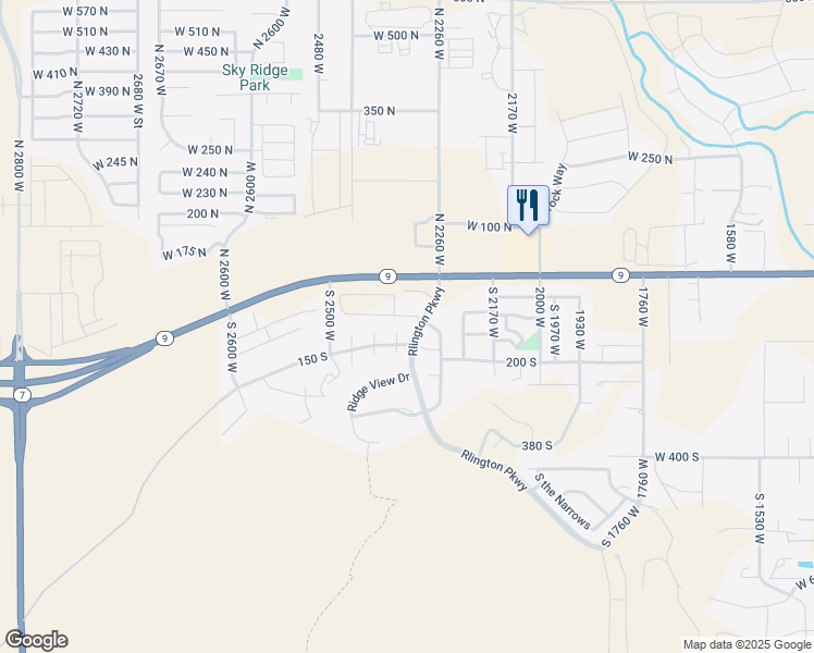 map of restaurants, bars, coffee shops, grocery stores, and more near 129 South Sky View Court in Hurricane