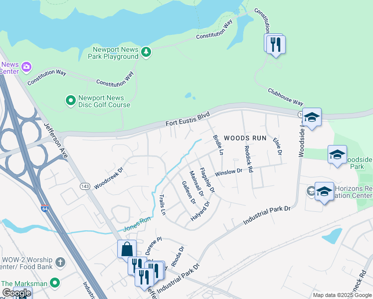 map of restaurants, bars, coffee shops, grocery stores, and more near 750 Mainsail Drive in Newport News