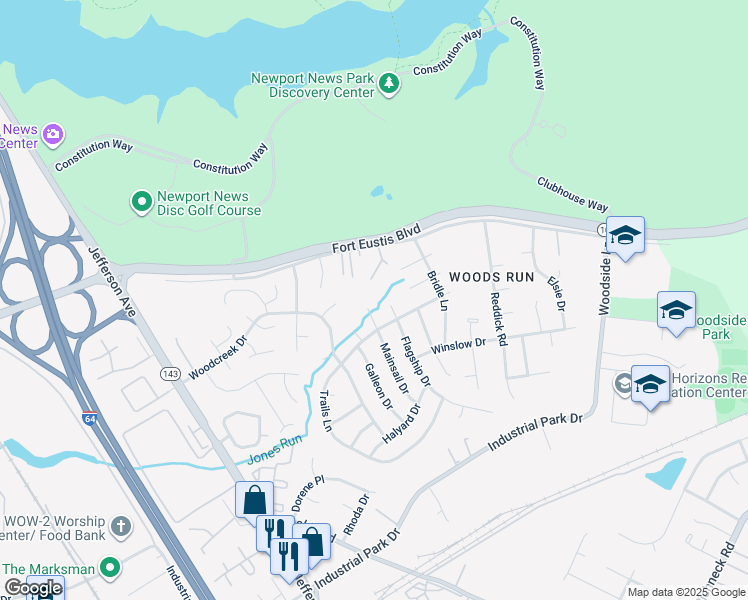map of restaurants, bars, coffee shops, grocery stores, and more near 750 Mainsail Drive in Newport News