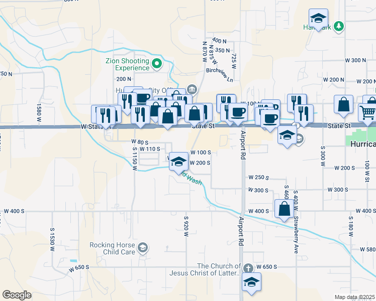 map of restaurants, bars, coffee shops, grocery stores, and more near 908 West 180 South in Hurricane