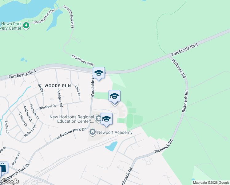 map of restaurants, bars, coffee shops, grocery stores, and more near 13630 Woodside Lane in Newport News