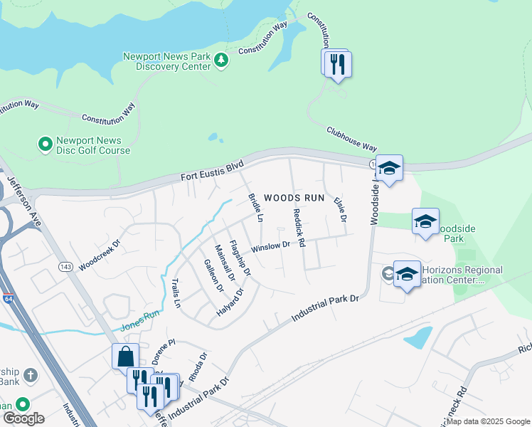 map of restaurants, bars, coffee shops, grocery stores, and more near 114 Bridle Lane in Newport News