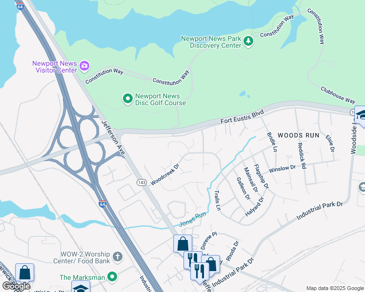 map of restaurants, bars, coffee shops, grocery stores, and more near 901 Birchwood Court in Newport News
