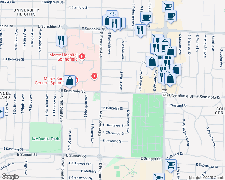 map of restaurants, bars, coffee shops, grocery stores, and more near 1457 East Seminole Street in Springfield