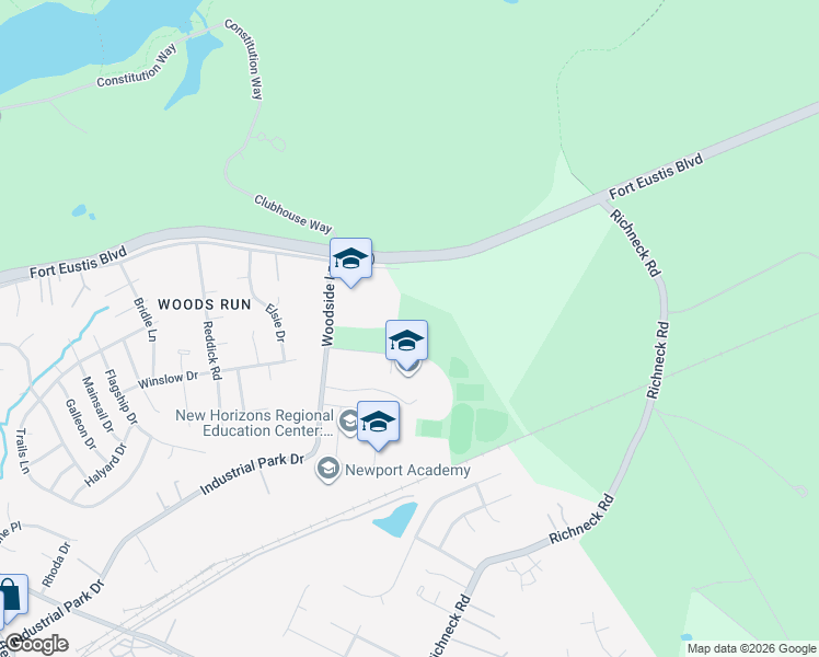 map of restaurants, bars, coffee shops, grocery stores, and more near 13630 Woodside Lane in Newport News