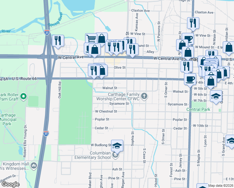 map of restaurants, bars, coffee shops, grocery stores, and more near 1024-1098 Grove Street in Carthage