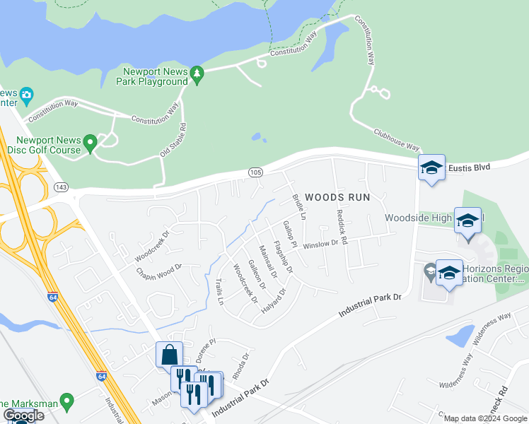 map of restaurants, bars, coffee shops, grocery stores, and more near 759 Flagship Drive in Newport News