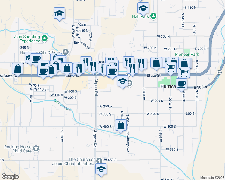 map of restaurants, bars, coffee shops, grocery stores, and more near 135 North 150 East in Hurricane