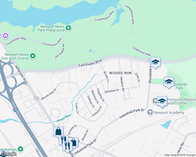 map of restaurants, bars, coffee shops, grocery stores, and more near 759 Trails Lane in Newport News