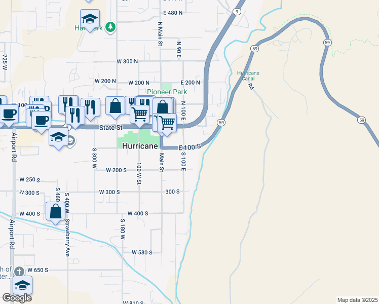 map of restaurants, bars, coffee shops, grocery stores, and more near 115 South 100 East in Hurricane