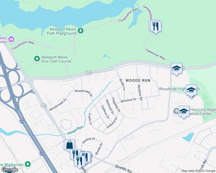 map of restaurants, bars, coffee shops, grocery stores, and more near 759 Flagship Drive in Newport News