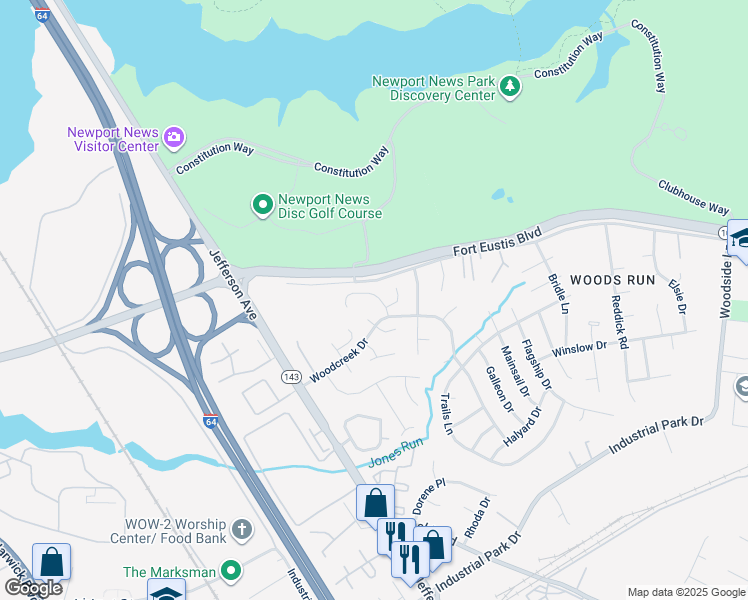 map of restaurants, bars, coffee shops, grocery stores, and more near 711 Longleaf Lane in Newport News