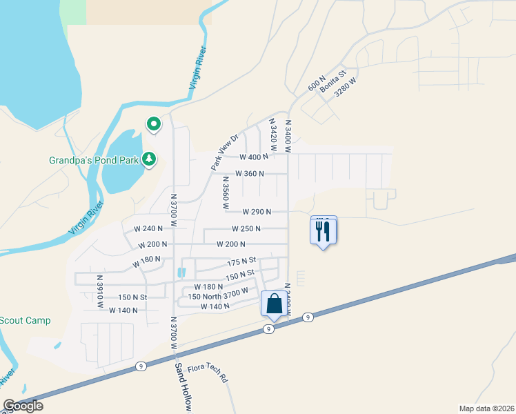 map of restaurants, bars, coffee shops, grocery stores, and more near 3462 West 290 North in Hurricane