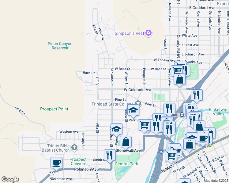 map of restaurants, bars, coffee shops, grocery stores, and more near 1209 San Juan Street in Trinidad
