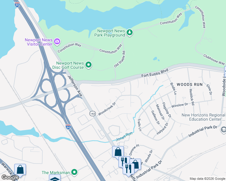 map of restaurants, bars, coffee shops, grocery stores, and more near 901 Birchwood Court in Newport News