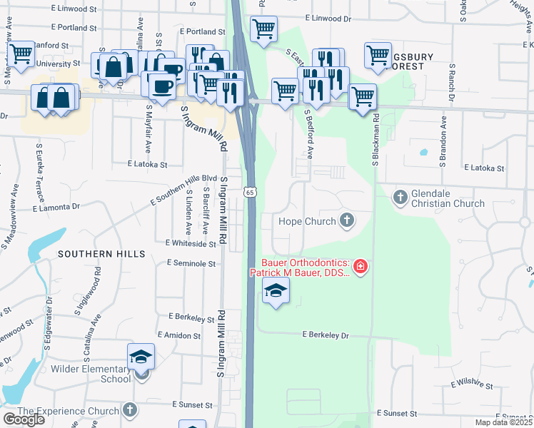 map of restaurants, bars, coffee shops, grocery stores, and more near 3500-3520 East Cherokee Street in Springfield