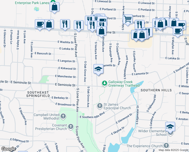 map of restaurants, bars, coffee shops, grocery stores, and more near 2120 South Ventura Avenue in Springfield