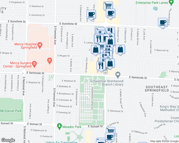 map of restaurants, bars, coffee shops, grocery stores, and more near 2125 South Fairway Avenue in Springfield