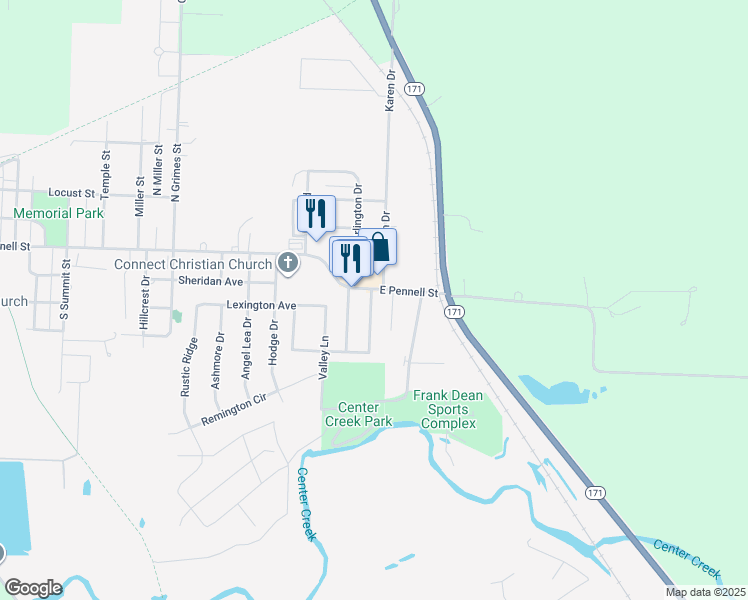 map of restaurants, bars, coffee shops, grocery stores, and more near 102 Cambridge Drive in Carl Junction