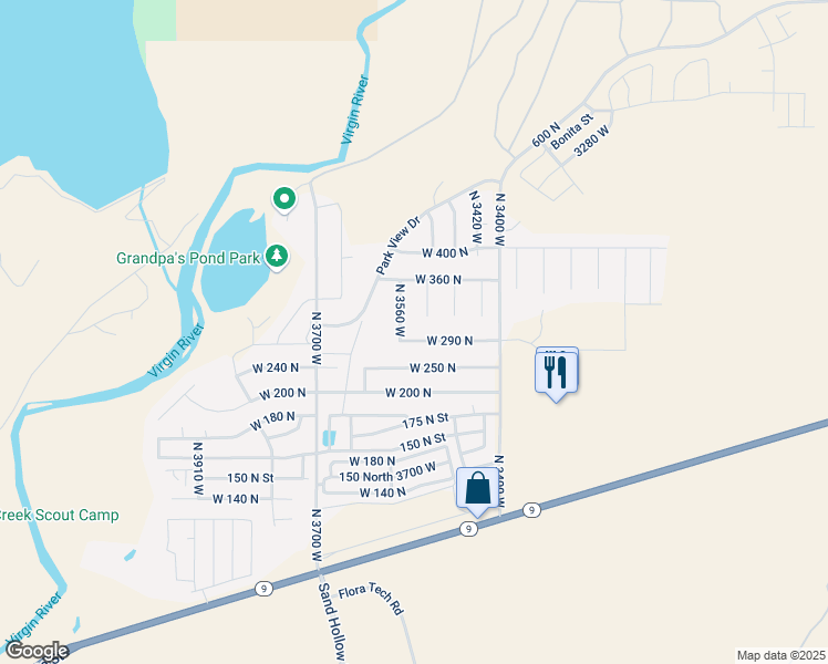 map of restaurants, bars, coffee shops, grocery stores, and more near 3530 West 290 North in Hurricane