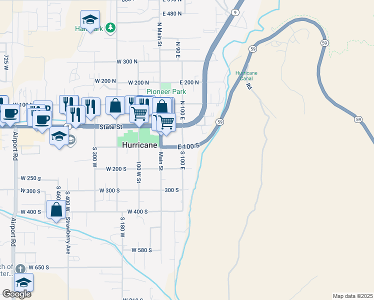 map of restaurants, bars, coffee shops, grocery stores, and more near 115 South 100 East in Hurricane