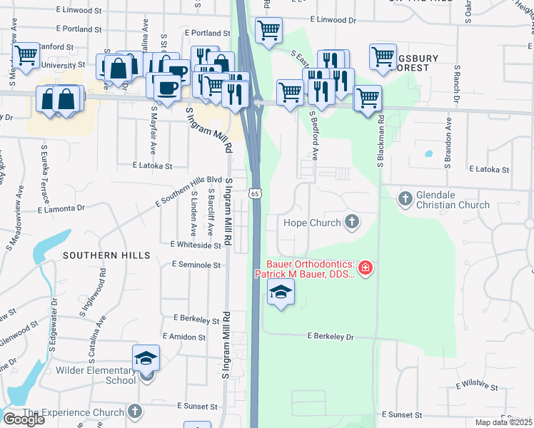 map of restaurants, bars, coffee shops, grocery stores, and more near 3500 East Cherokee Street in Springfield