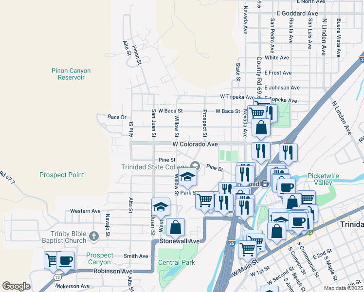 map of restaurants, bars, coffee shops, grocery stores, and more near 601 Pine Street in Trinidad