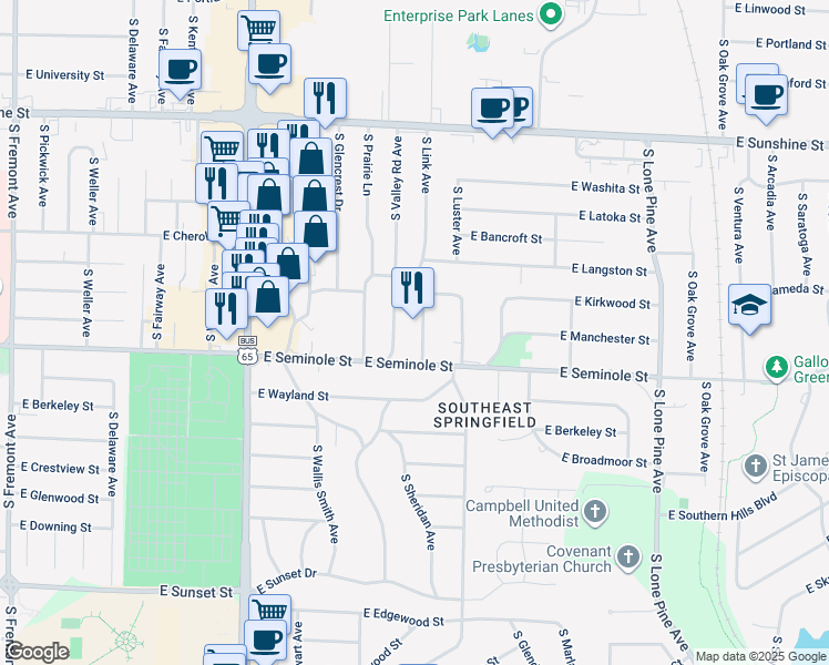map of restaurants, bars, coffee shops, grocery stores, and more near 2154 South Valley Road Avenue in Springfield