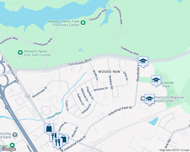 map of restaurants, bars, coffee shops, grocery stores, and more near 114 Bridle Lane in Newport News