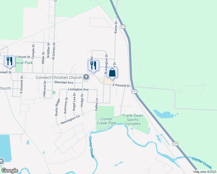 map of restaurants, bars, coffee shops, grocery stores, and more near 102 Cambridge Drive in Carl Junction