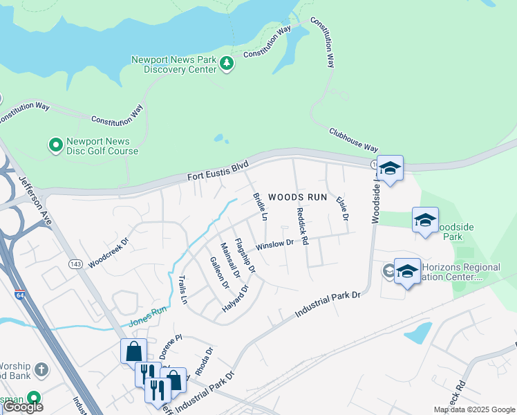 map of restaurants, bars, coffee shops, grocery stores, and more near 114 Bridle Lane in Newport News