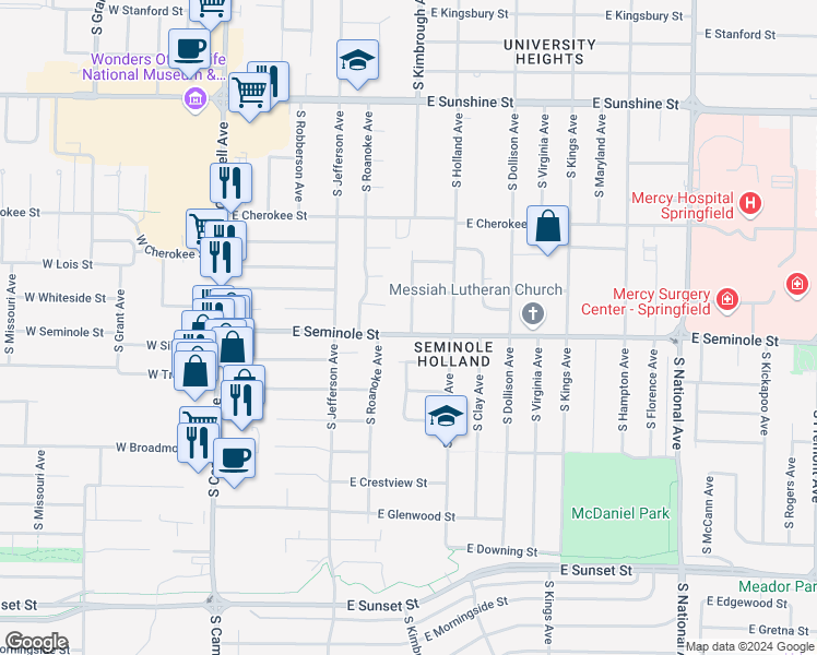 map of restaurants, bars, coffee shops, grocery stores, and more near 527 East Seminole Street in Springfield