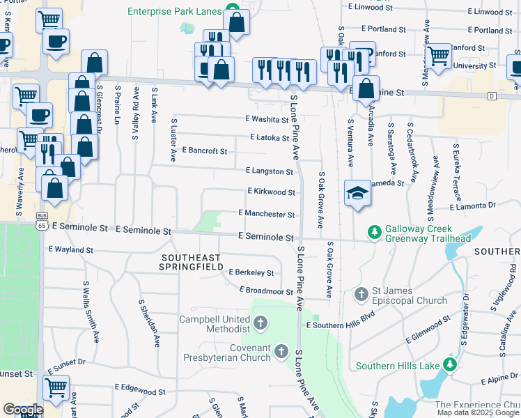 map of restaurants, bars, coffee shops, grocery stores, and more near 2378 East Manchester Drive in Springfield
