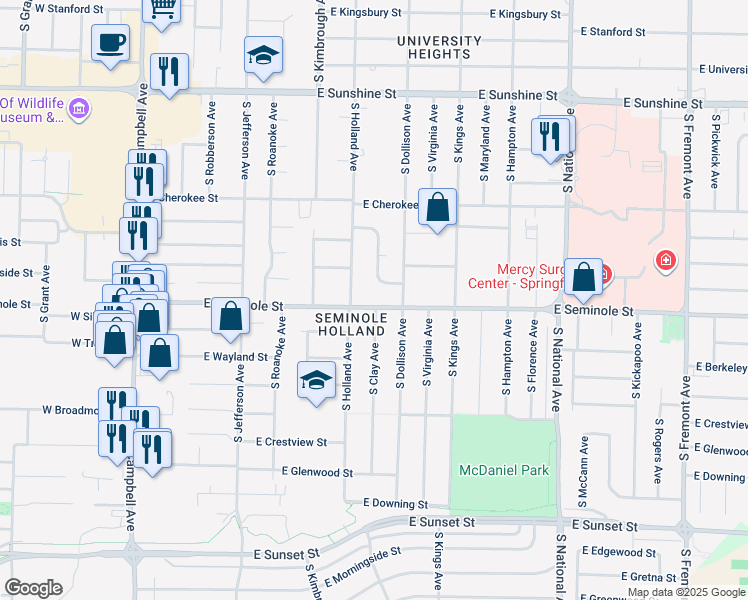 map of restaurants, bars, coffee shops, grocery stores, and more near 2207 South Clay Avenue in Springfield