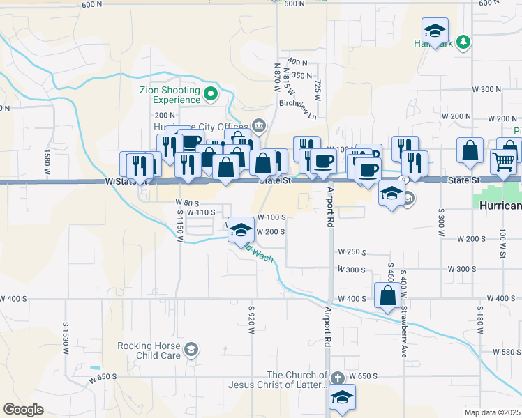 map of restaurants, bars, coffee shops, grocery stores, and more near South 850 West in Hurricane