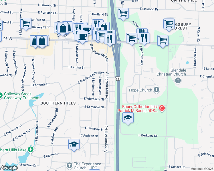 map of restaurants, bars, coffee shops, grocery stores, and more near 2116 South Barcliff Avenue in Springfield