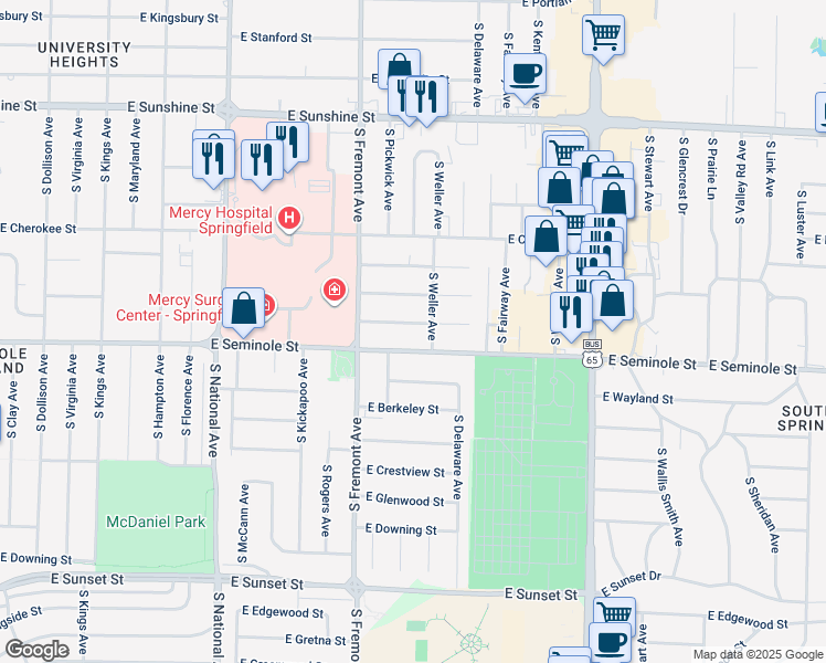 map of restaurants, bars, coffee shops, grocery stores, and more near 1457 East Seminole Street in Springfield