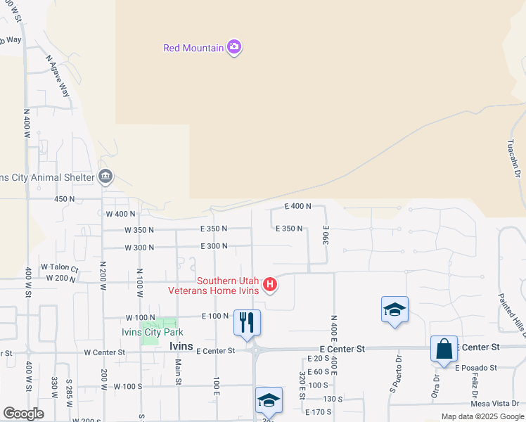 map of restaurants, bars, coffee shops, grocery stores, and more near 1500 Splitrock Drive in Ivins