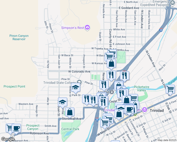 map of restaurants, bars, coffee shops, grocery stores, and more near 431 West Colorado Avenue in Trinidad
