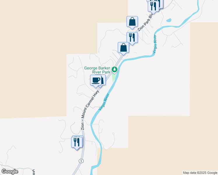 map of restaurants, bars, coffee shops, grocery stores, and more near 1775 Zion Park Boulevard in Springdale