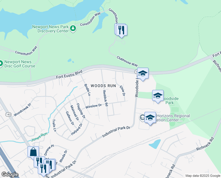 map of restaurants, bars, coffee shops, grocery stores, and more near 806 Chisom Circle in Newport News
