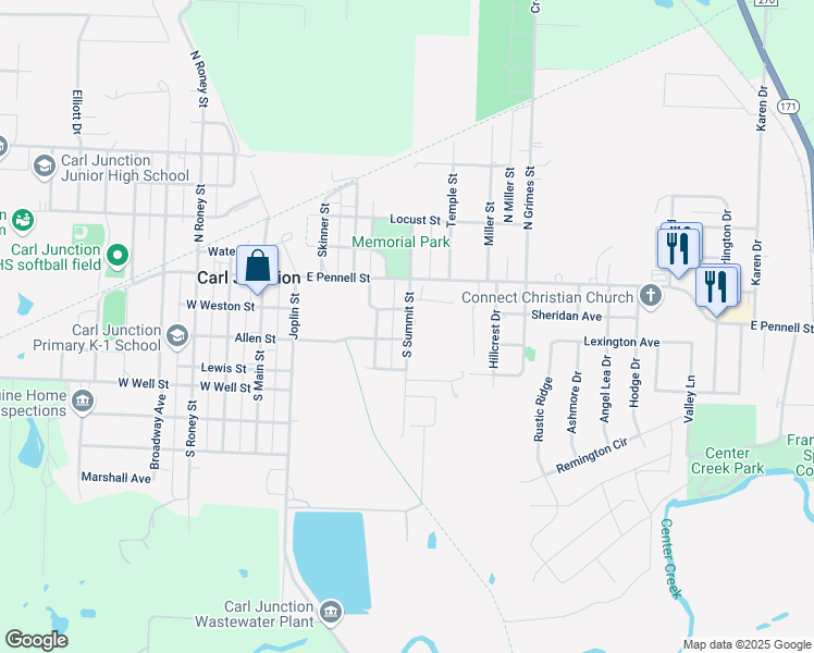 map of restaurants, bars, coffee shops, grocery stores, and more near 305 Chitwood Street in Carl Junction