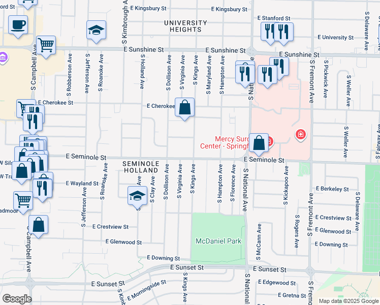 map of restaurants, bars, coffee shops, grocery stores, and more near 2205 South Kings Avenue in Springfield